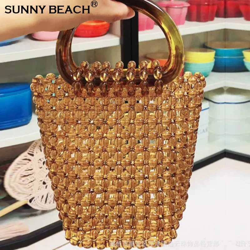 

Luxury Coffee Transparent Beaded Handbag New Hollowed Out Retro Bucket Bag Party Bag Women Bag