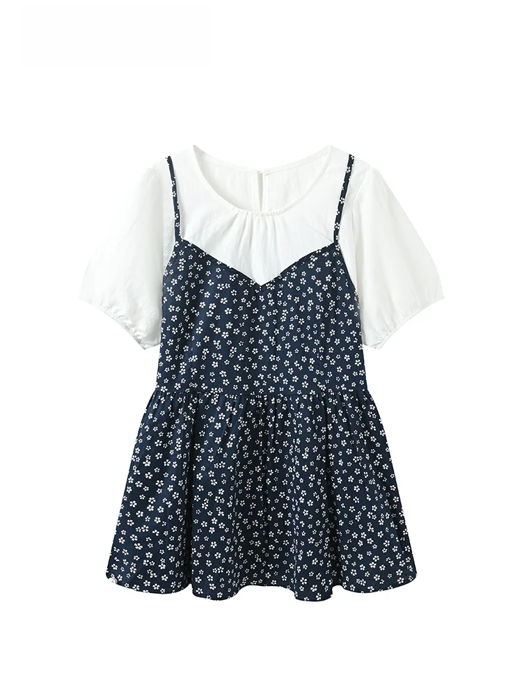 

Summer Floral Print off Shoulder Shirt Women's plus Size Casual Versatile Fake Two-Piece Top Polyester Fiber Short Sleeve