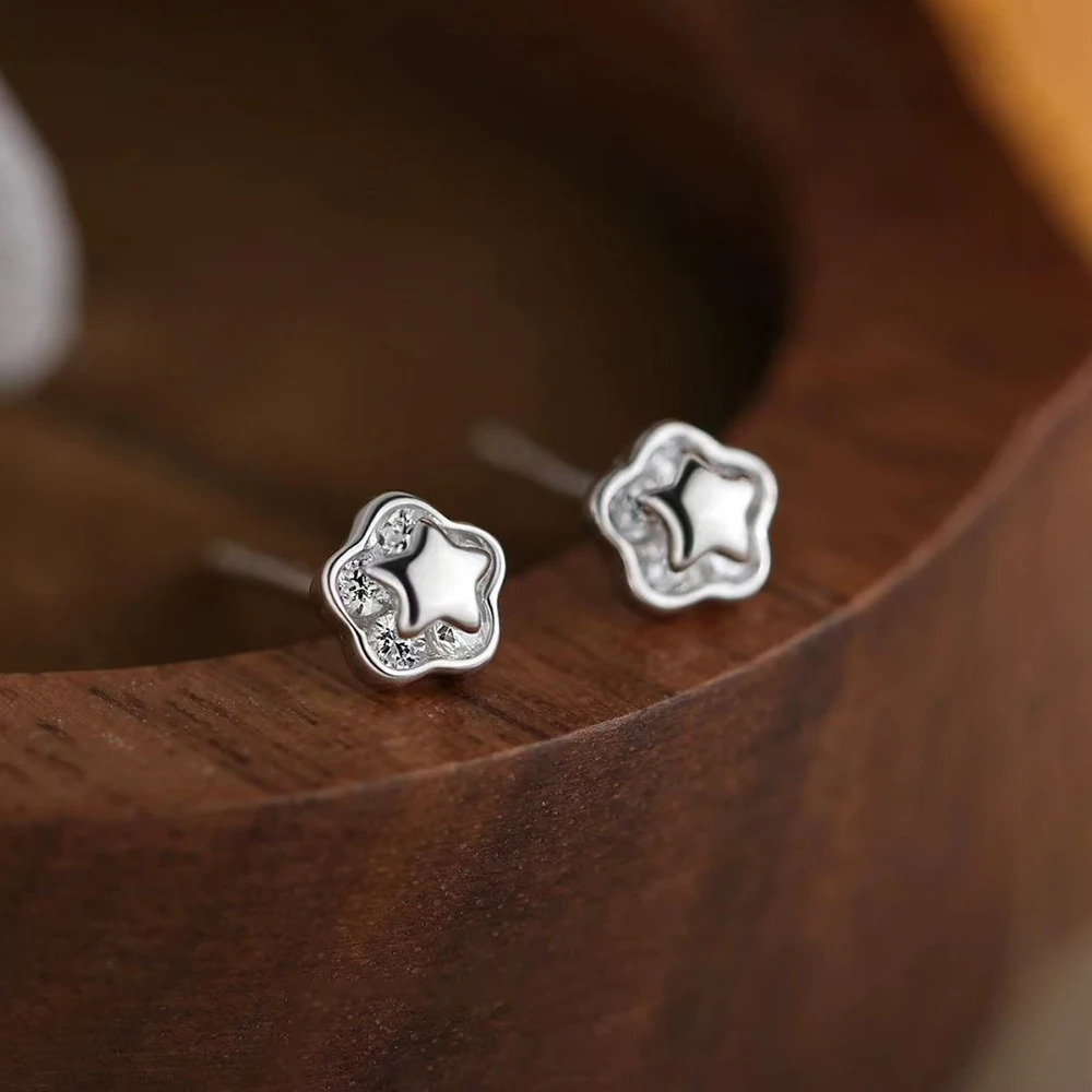 

925 Silver Needle Zircon Flower Star Mini Stud Earrings For Women Classic Fine Jewelry Piercing Hole Light Luxury Accessories
