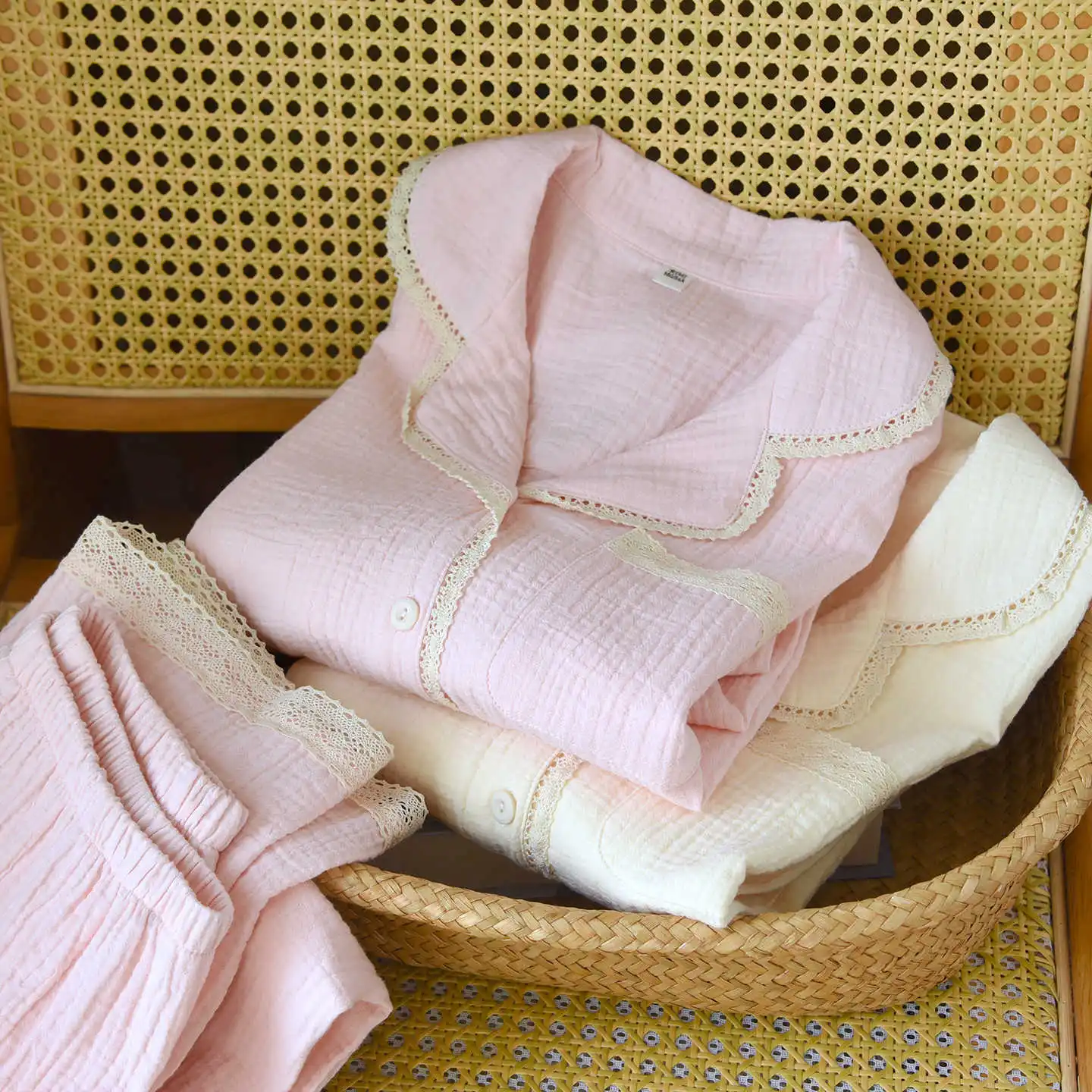 Spring And Summer Women's Pajamas Suit Solid Color Long-sleeved Shirt Trousers Two-piece Cotton Crepe Home Clothes