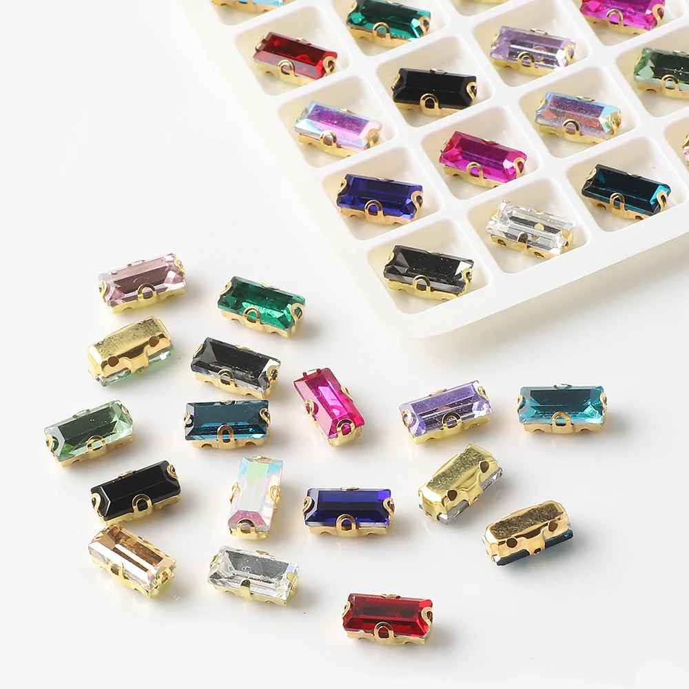 20Pcs/Lot 5X10MM Rectangle Glass Crystal Sew On Rhinestones With Gold Claw Handicrafts Glitter Stones For clothing accessorie