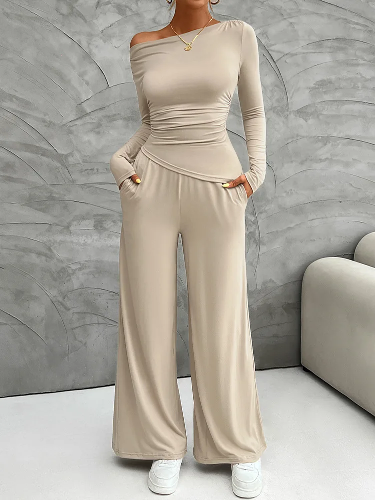 FTLZZ Autumn Winter Women Two Piece Sets Solid Slim Tops and Wide-leg Trousers Casual Lady Suits