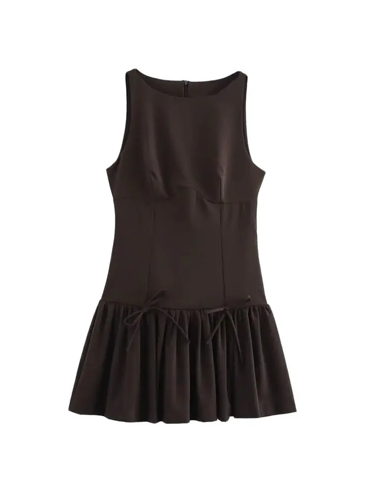 TRZA-Women's Ruffled Mini Dress with Bows, O Neck, Sleeveless, Back Zipper, Female Dresses, Chic Fashion image 6