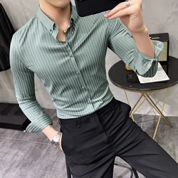 Camisas masculinas de manga longa listrada estilo britânico, camisa formal formal de negócios, camisa casual slim fit, streetwear, roupas de festa social