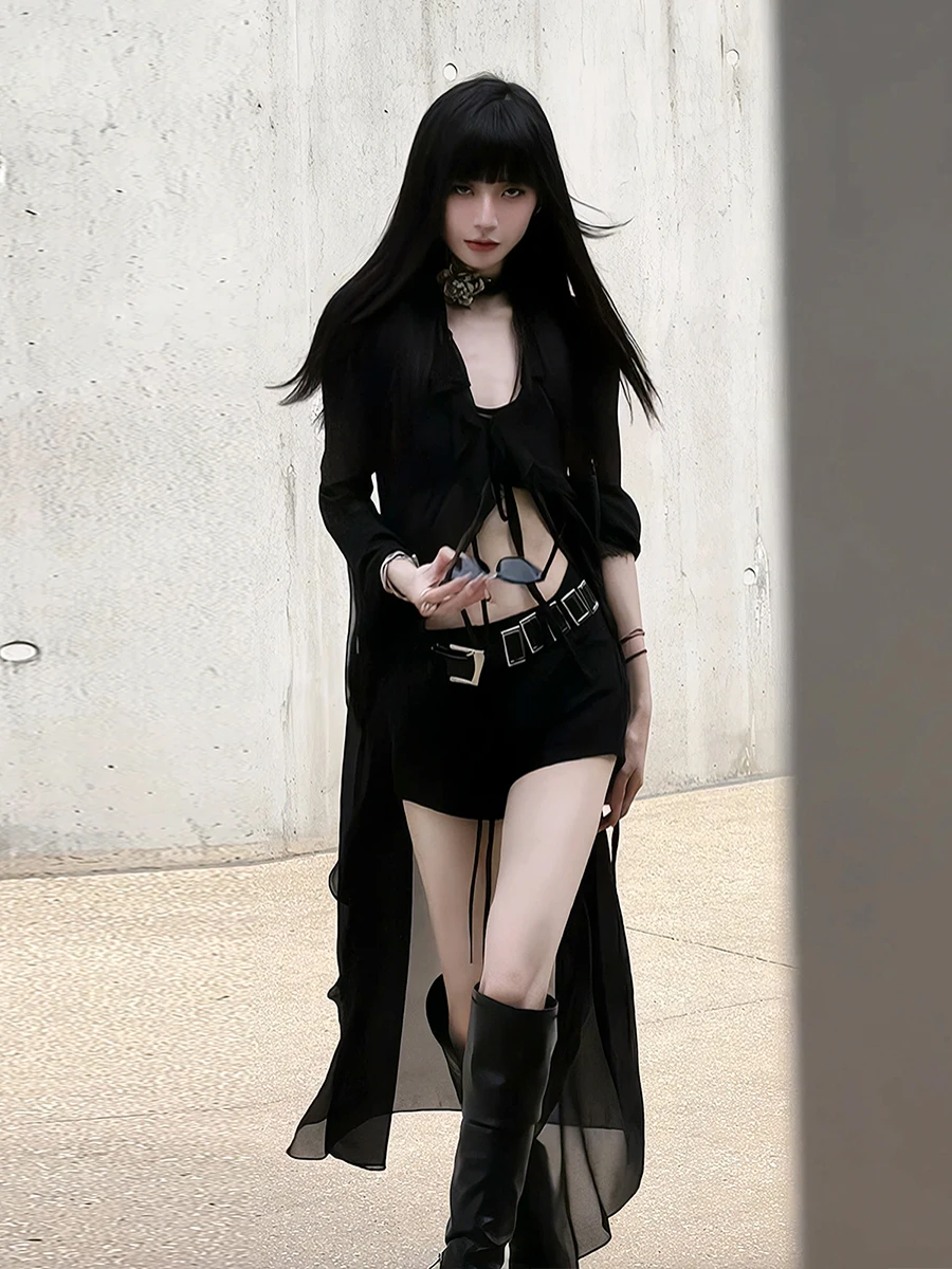 

Сексуальный сетчатый кардиган с защитой от солнца, женское длинное платье в стиле Cool Sister, корейский свободный крой, рубашечный фасон, однотонный, с длинными рукавами