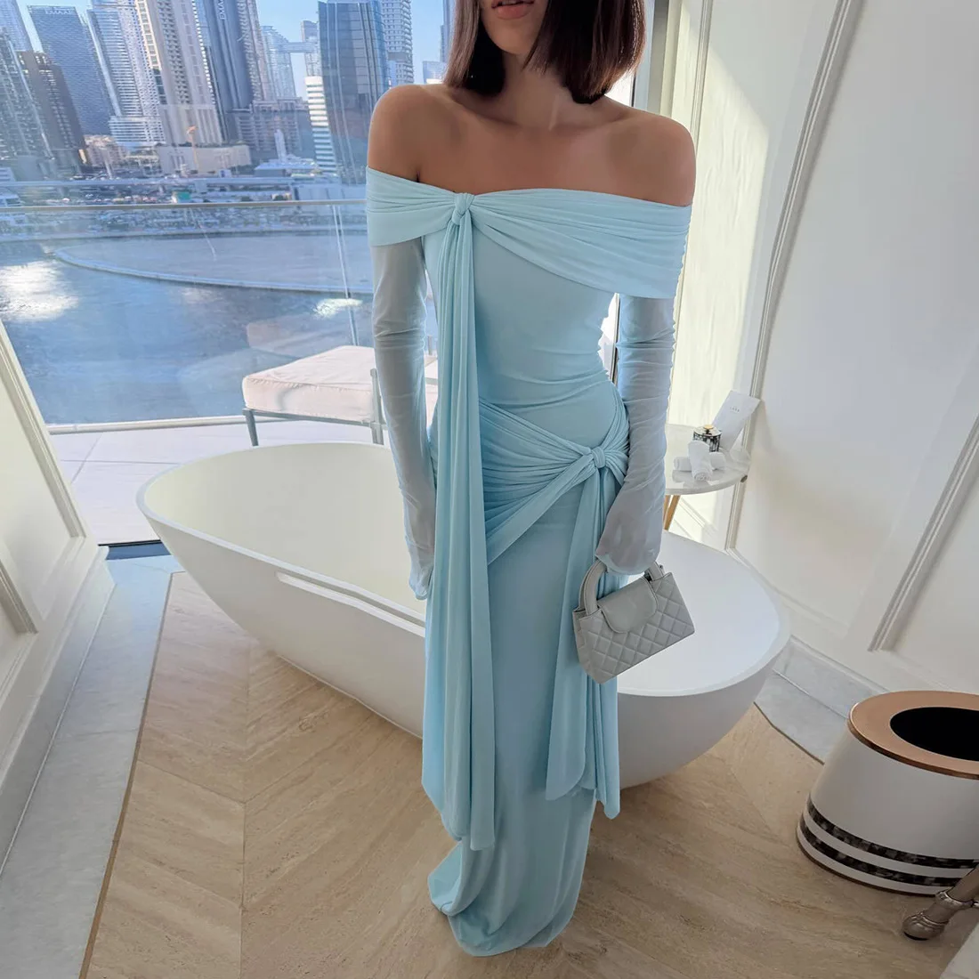 Women Elegant Lace Up Ribbon Bodycon Maxi Dress Sexy Off Shoulder Sheer Mesh Full Sleeve Wrap Hip Evening Gown Brithday Robe