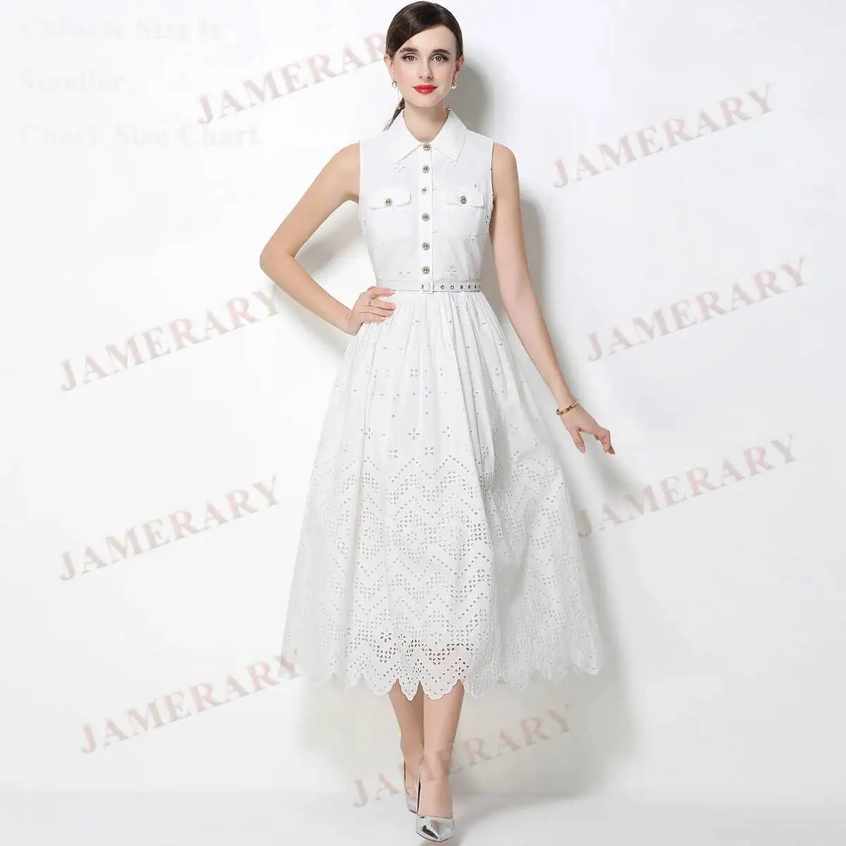 

Brand Summer Hollow Out Cotton Long Dress Shirt Women Sleeveless Single Breast Embroidery Party Vacation Princess Dresses White