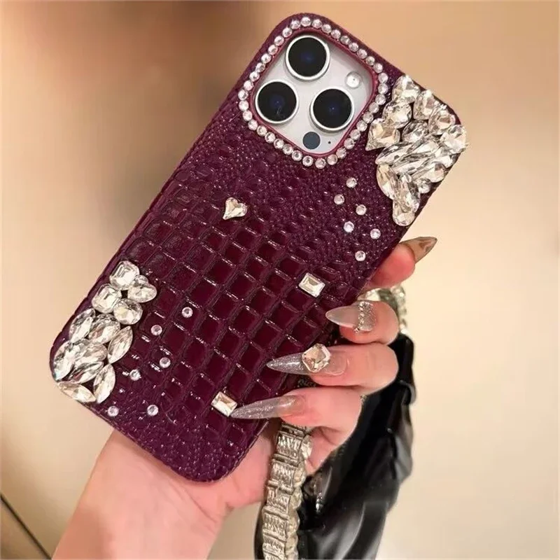 

Luxury crocodile leather phone case for iPhone 15 16promax 14 13pro 12promax case bling diamond rhinestone women anti drop cover