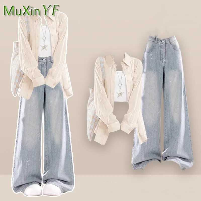 

2025 Summer New Korean Elegant Denim Pants Matching Set Women's Fashion Sunscreen Shirt+Strap+Loose Wide Leg Jeans 3-Piece Suit