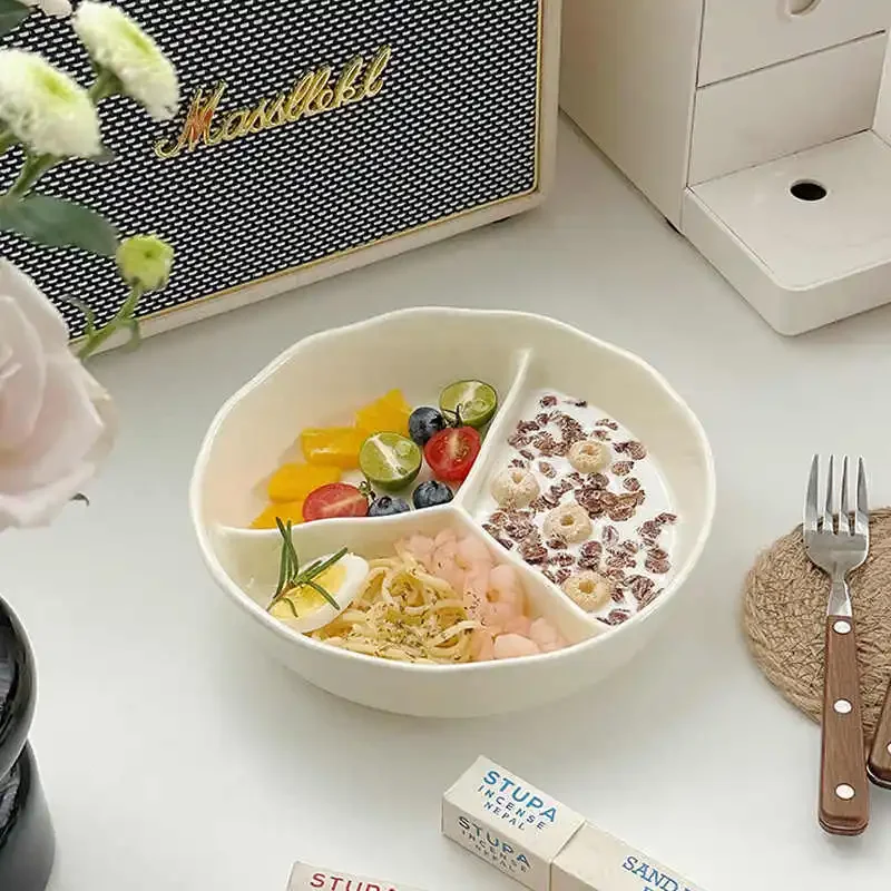 Ceramic Divided Plate Solid Color Fruit Vegetable Portion Plates Household Deep Dish Simple Breakfast Tray Tableware 19cm