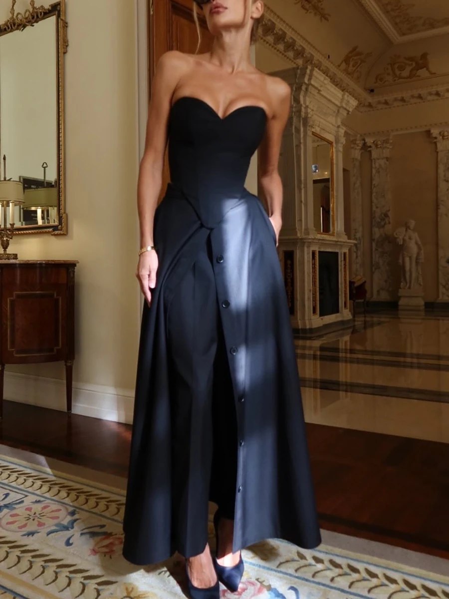 بدلة قفز مثيرة للفتيات من VGH للنساء برقبة على شكل قلب بدون أكمام مرقعة واحدة الصدر عالية الخصر وواسعة الساق بدلة قفز للسيدات