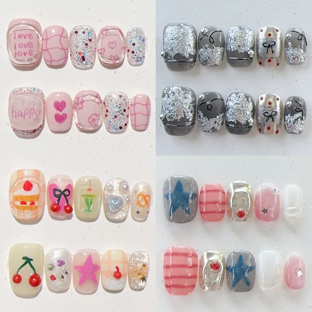 

Fashion Kawaii Handmade Short Square Wearable Press On Nails Hand Painted Flower Heart Stars Glitter Cat Eyes Sequins Fake Nails