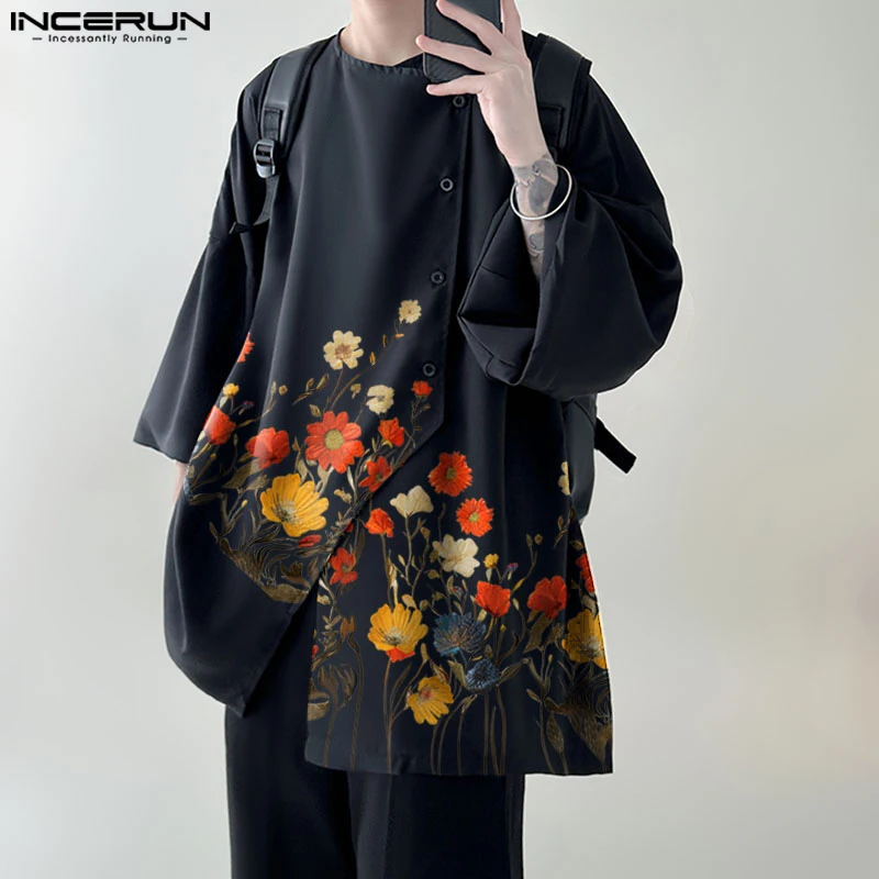 INCERUN Men Shirt Flower Printing O-neck Long Sleeve Button Irregular Shirts Streetwear 2024 Loose Fashion Casual Men Clothing