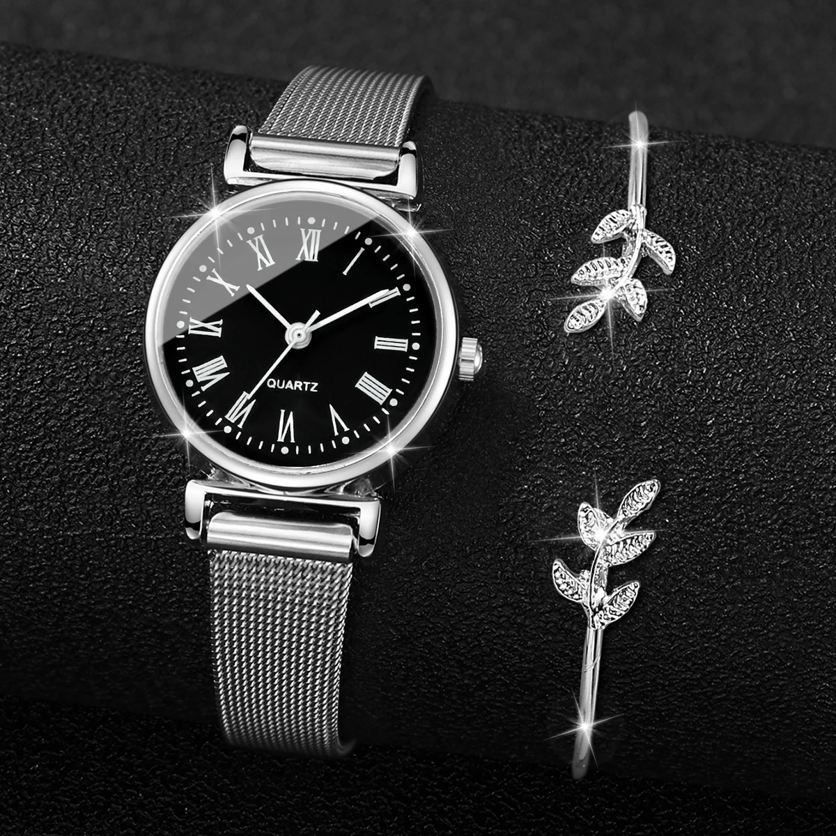 2-piece ins compact and minimalist metal mesh strap quartz women's watch leaf bracelet women's watch case
