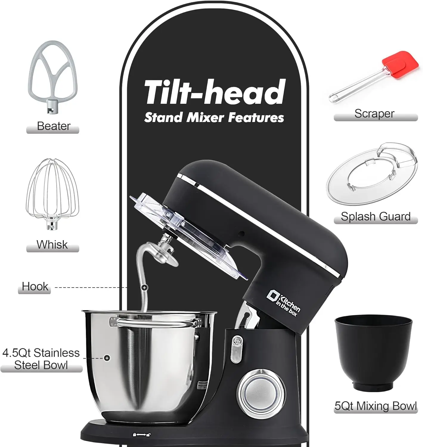 KitchenAid 4.5QT+5QT Onyx Black Matte Stand Mixer with Two Bowls Egg Whisk Dough Hook Flat Beater for Daily Use Kitchen Blenders