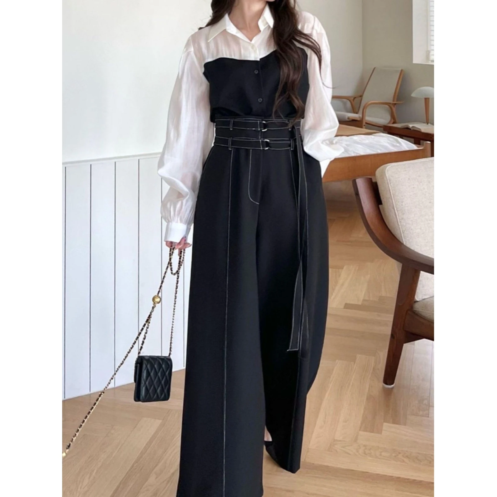 

Dongda Gate Women's Faion Set High Waist Wide Leg Pants Long Sve irt Two Piece Suit Ele Sle Cotton Material