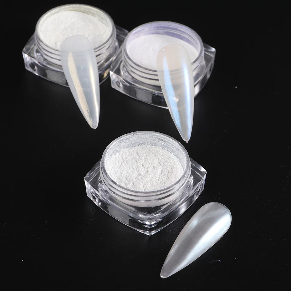 POLVO DE BRILLO BLANCO PERLA LUNA, CROMO AURORA BLANCO, PIGMENTO DE CONCHA PARA FROTAR, DECORACIÓN PARA UÑAS 5