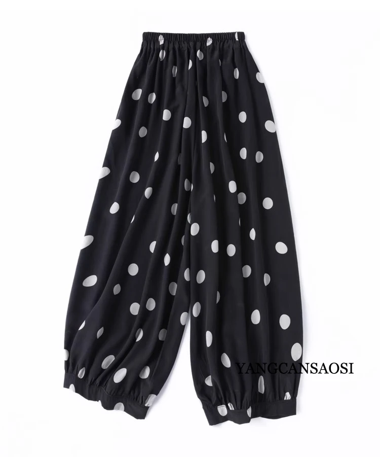 Modern Large Polka Dot 100% Natural Mulberry Silk Crepe De Chine Elastic Waist Women's Fashionable Cropped Lantern Pants