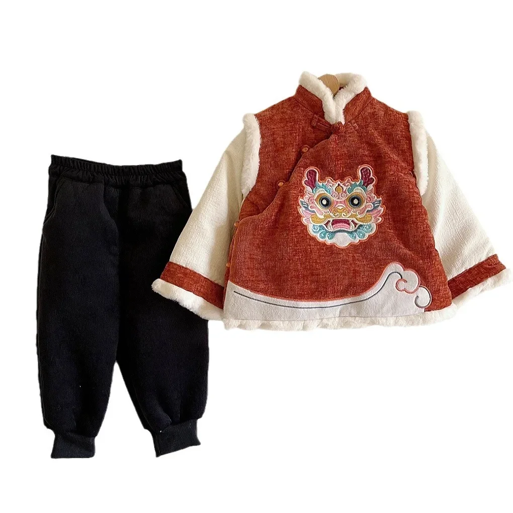 Inverno drago tradizionale cinese capodanno abbigliamento per bambini per ragazzi ragazze Baby Tang Suit Cashmere addensato giacca pantaloni Set