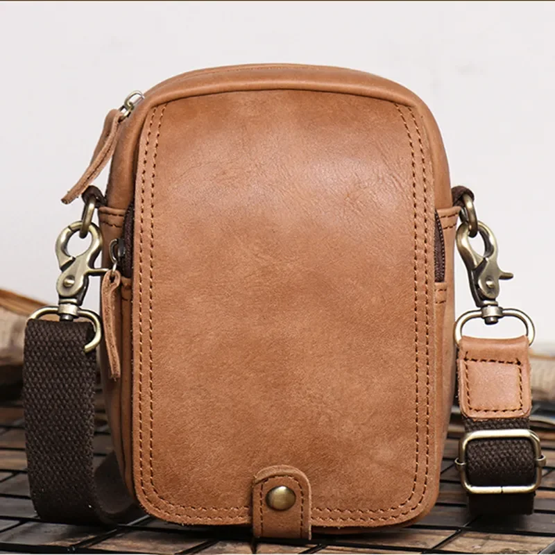 

7" vintage Men's leather small Casual Crossbody Bag summer Shoulder Bags phone bag