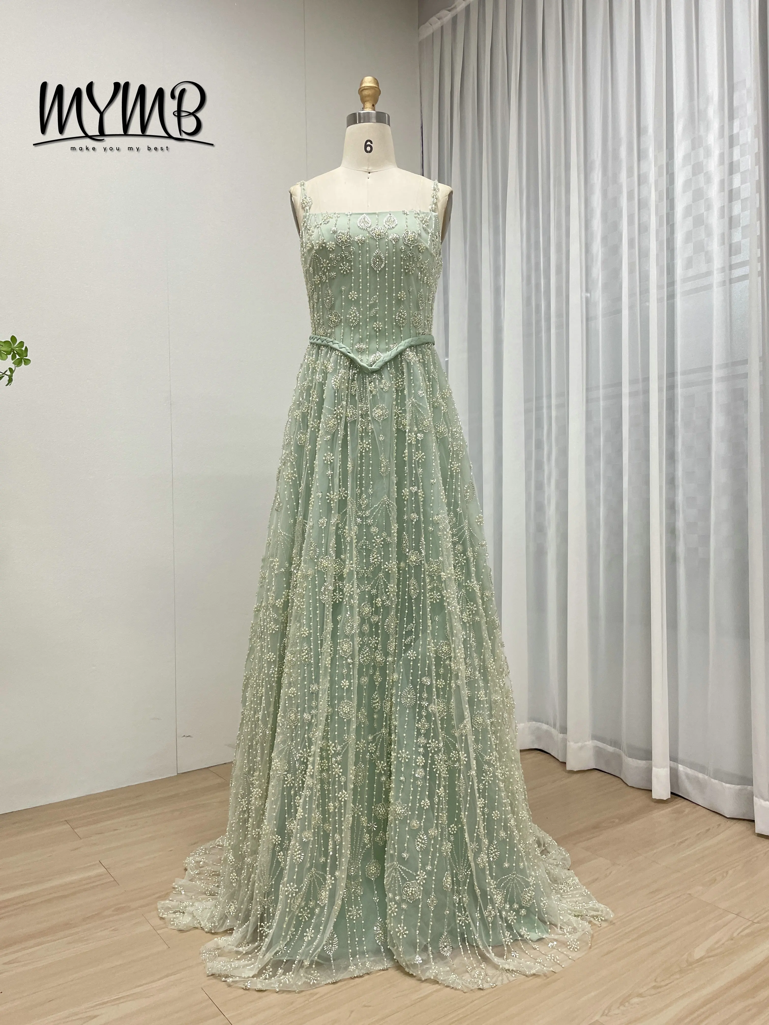 MYMB vin vert clair une ligne élégante robe de soirée de luxe à bretelles Spaghetti avec belle perle exquise adaptée au bal MB40345