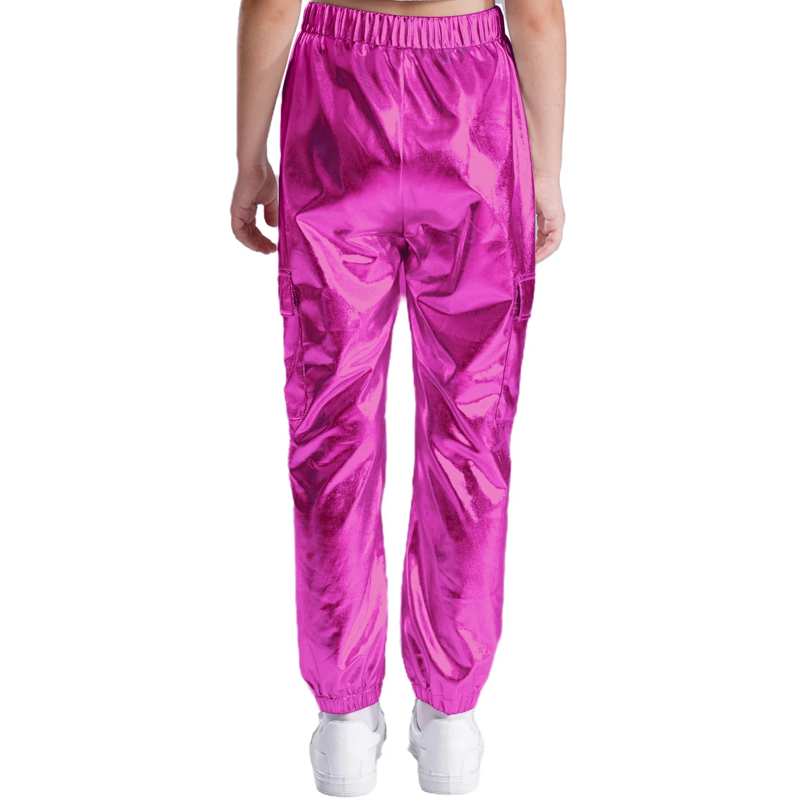 Children Metallic Shiny Pants Hip-Hop Jazz Street Dance Costume Elastic Waistband Trousers with Pockets Performance Dancewear