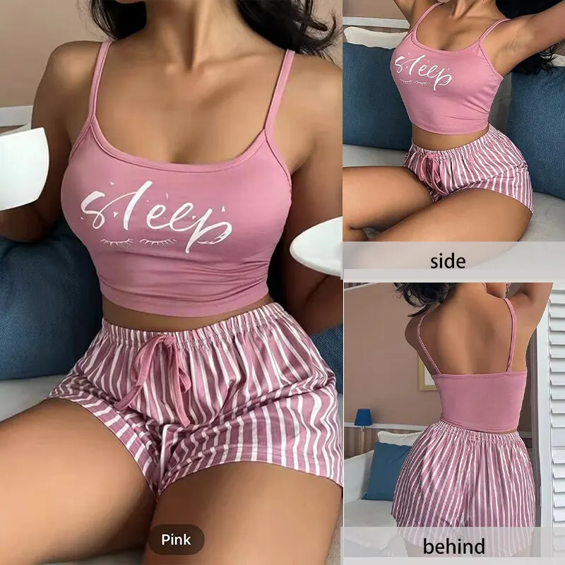 Sexy Summer Women Pajamas Set Sleepwear Cotton Home Clothes Tops And Shorts Cute Soft Sleeveless Nightwear For Female