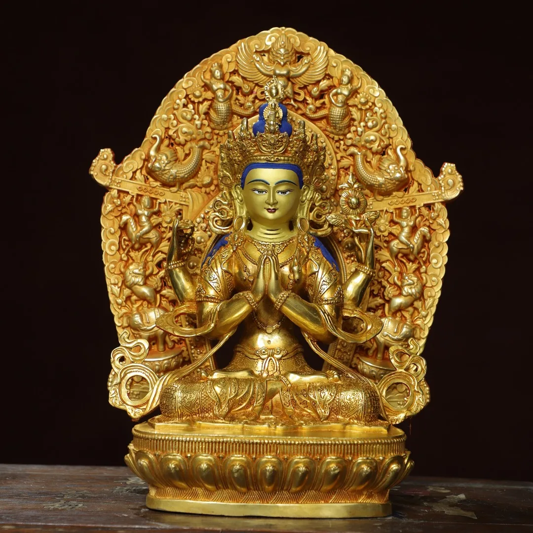 Collections Old Bronze Gilded Painted Face Four armed Guanyin Lotus Sitting  Buddha Backlight Worship Hall