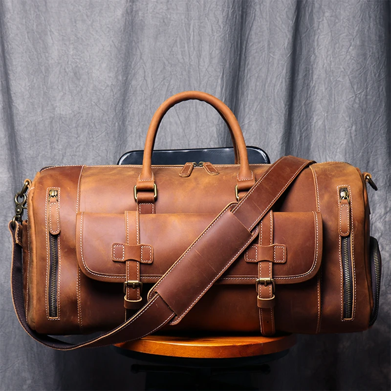MUNUKI Vintage Crazy Horse Genuine Leather Travel bag Large Luggage bag men Leather duffle bag Large Weekend Bag Tote Big