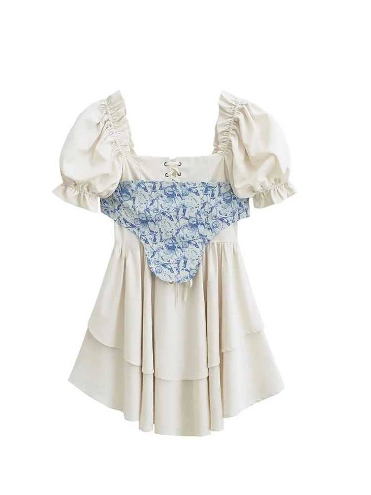 

Женское винтажное платье-миди Princ Sle Bubble Sve с принтом под синий фарфор, топ-бюстье и юбка-фартук, уличный стиль, с завышенной талией