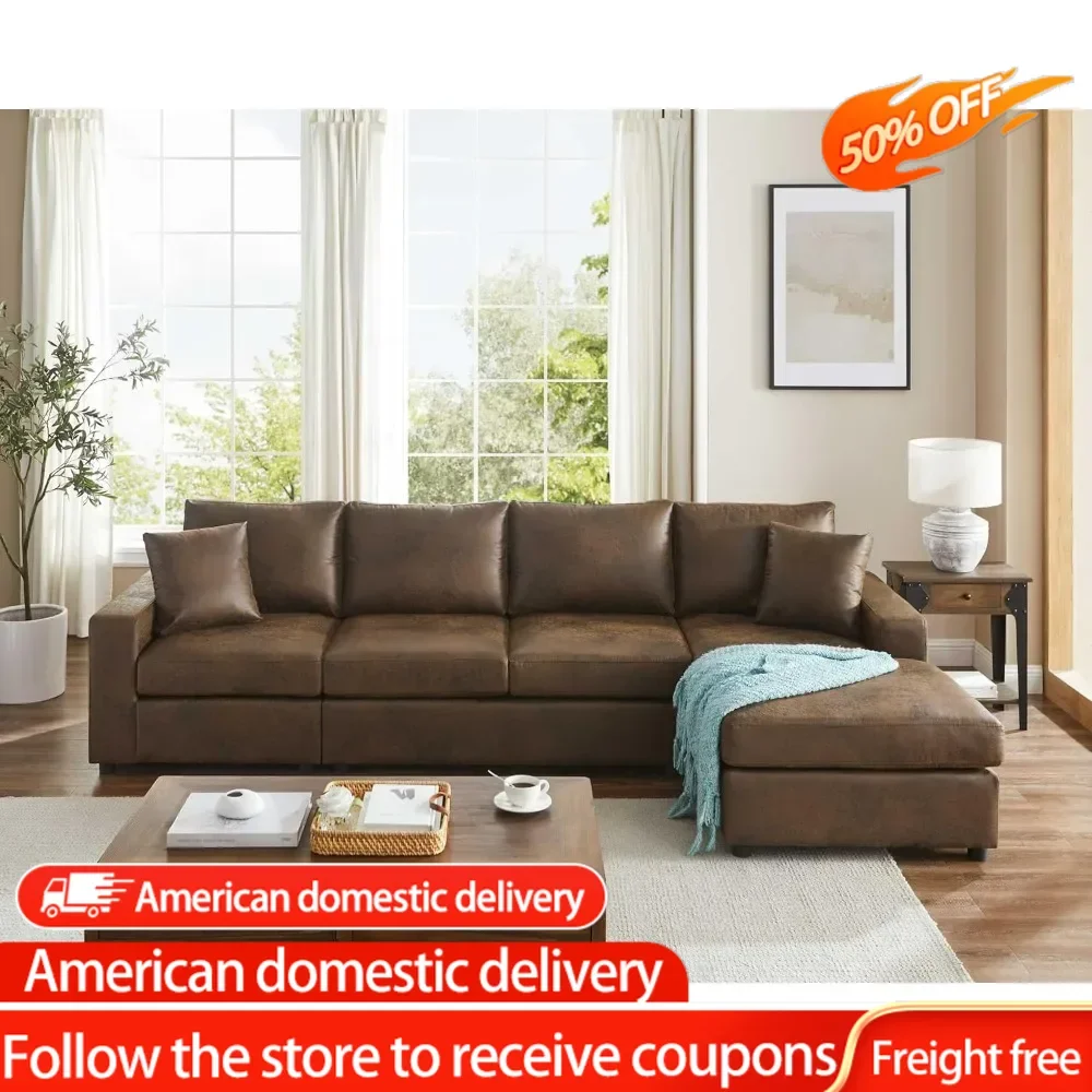 116'' Faux Leather Sectional Sofa, L-Shaped Five-Seat Living Room Sofa Couch, Chaise Longue on The Right, Dark Brown