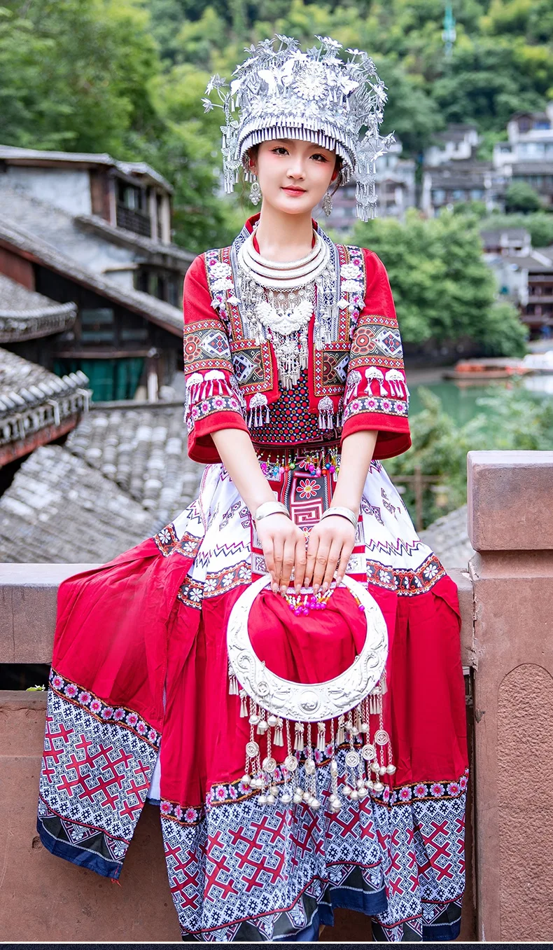 Chinese Miao Dance Dress Women Red Stage Hmong Folk New