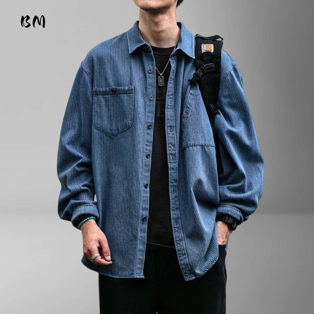 Mens American Vintage Stone Washed Distressed Striped Denim Shirt Spring Fall Oversized Long Sleeve Casual Premium Quality Coat