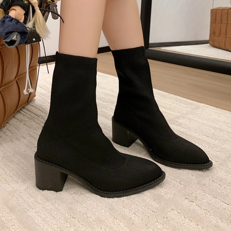

Ankle Boots Women Knitting High Heels Shoes Elegant Pointed Toe Chunky Chelsea Boots Snow New Winter 2025 Woman Pumps Sexy Botas