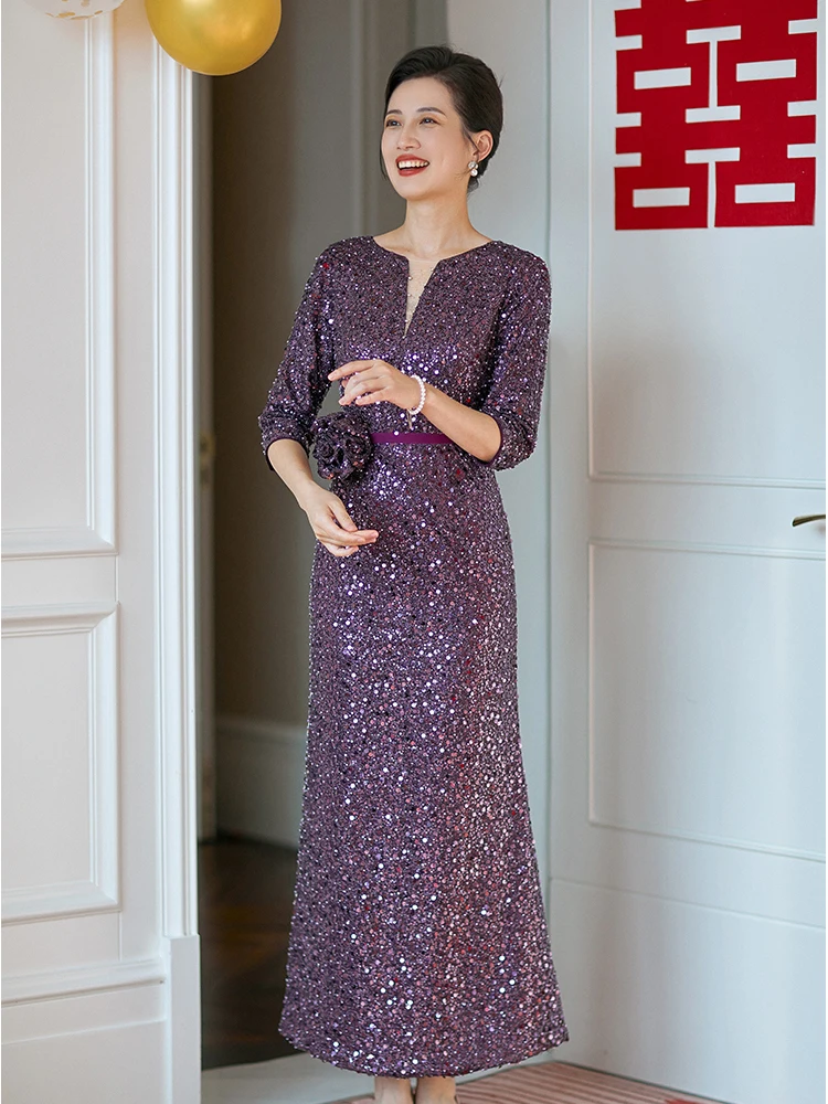 Robes de soirée de mariage à paillettes brillantes, robes de mère du marié violet avec manches, élégantes, longueur au rinçage, 2023