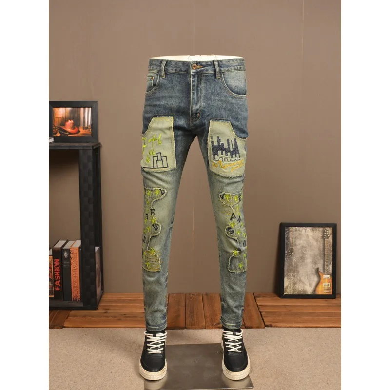 

New Retro Jeans Men'S Fashion Brand Elastic Slim Fit Luxury High End Patch Embroidered Water Washed Casual Denim Pants