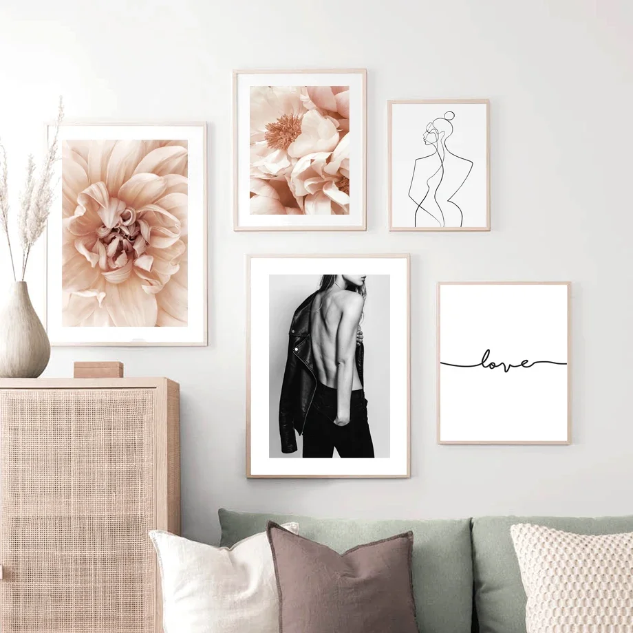 Wall Art Canvas Painting Peony Flower Sexy Woman Town Line Figures Nordic Posters And Prints Wall Pictures For Living Room Decor