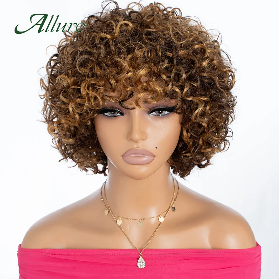 

Brazilian Short Pixie Bob Cut Human Hair Wigs For Black Women Jerry Curly Non lace Wig Highlight Colored Wigs With Bangs Allure