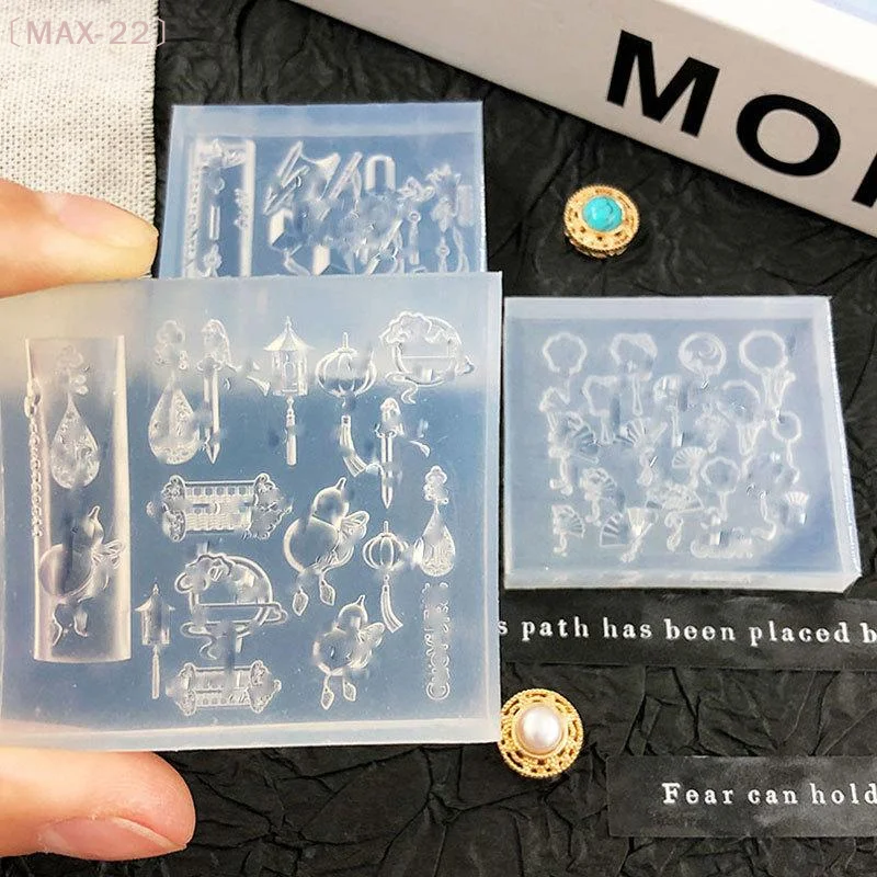 〔MAX-22〕Silicone Nail Art Mold Chinese Fan Pipa Lantern Gourd Relief 3D Transparent Template DIY Manicure Decor