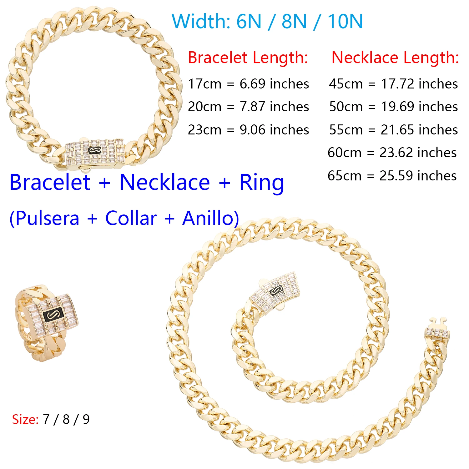 3-Pcs Cuban Link Jewelry Set Unisex, 14K Gold Plated Brass Necklace Bracelet Ring with Cubic Zirconia Clasp Hip-Hop Daily Access