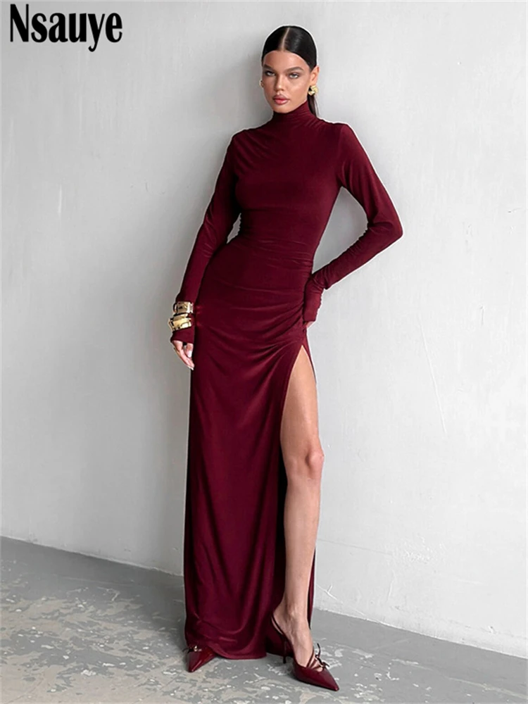 Nsauye Casual Women Sexy High Split Long Sleeve Maxi Club Evening Party Dress Turtleneck Elegant New Fashion Bodycon Dress 2024