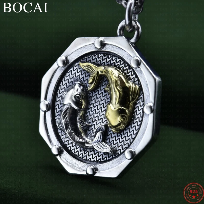 

BOCAI S925 Sterling Silver Pendants for Women Men New Fashion Ethnic Style the Eight Diagrams Double Fish Jewelry Free Shipping