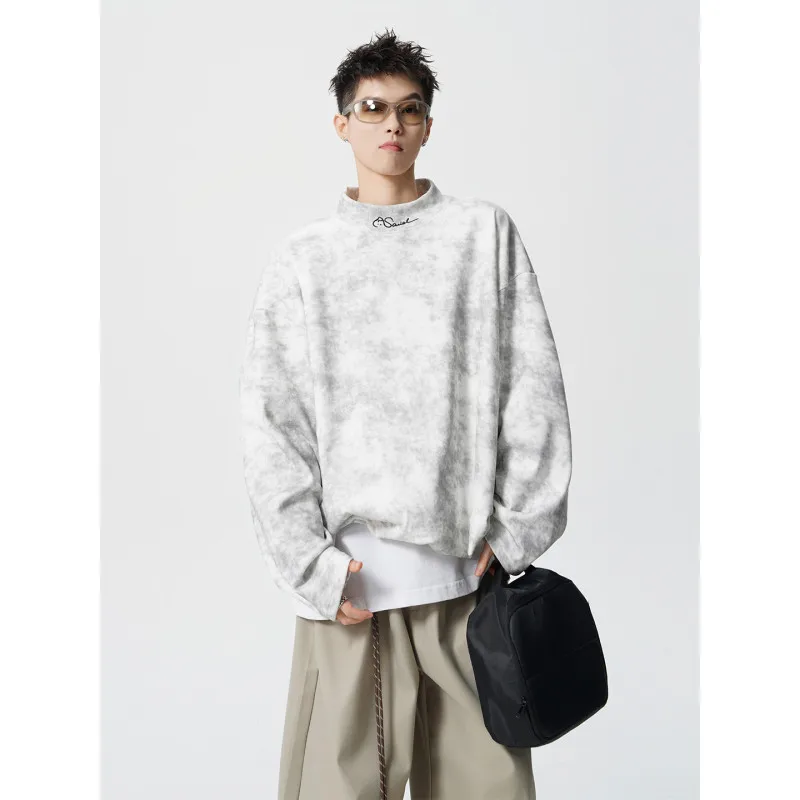 M-XXXXXL Semi-Turtleneck Embroidered Tie-Dye Velvet Thermal Underwear Plus Size Warm Base Layer Tops for Men Women Loose Fit Top
