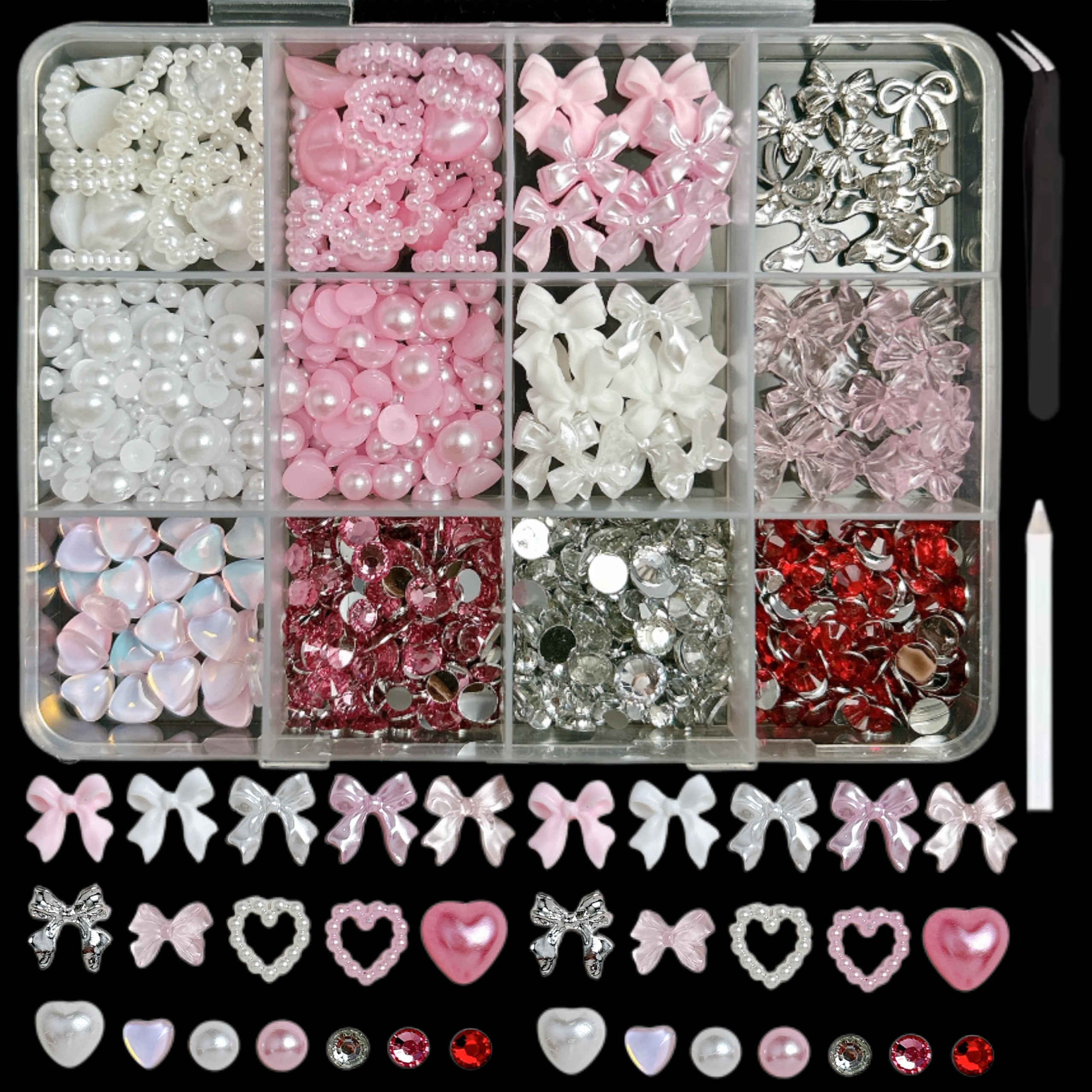 1 صندوق مقلد فلاتباك اللؤلؤ الراين مسمار السحر الحلو القوس القلب زهرة سبيكة فراشة مسمار الفن زينة DIY أجزاء الأظافر