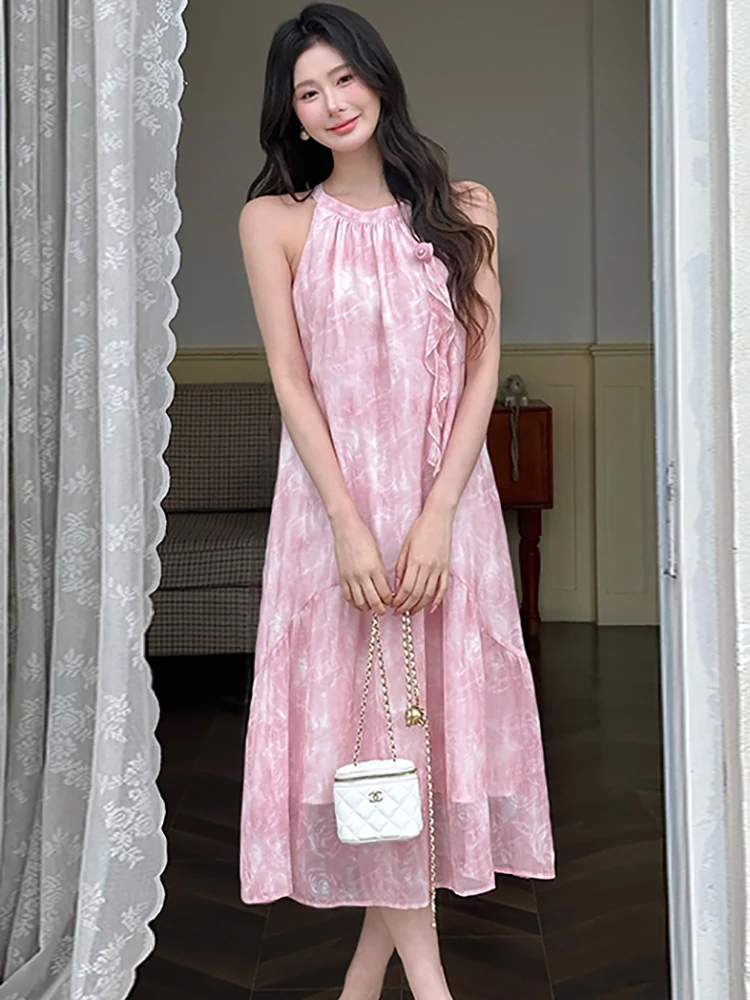 여성 핑크 플로럴 시크 러플 넥 드레스 여름 보헤미안 엘레강스 캐주얼 루즈 웨이스트 드레스 2025 한국 럭셔리 휴가 드레스