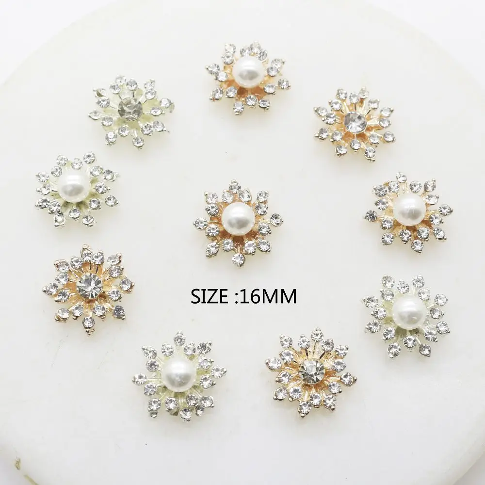 10PCS 16MM Clothing Decoration Flatback Hairpin Accessories Snowflake Buttons Pearl Buckle Apparel Sewing Rhinestone Button