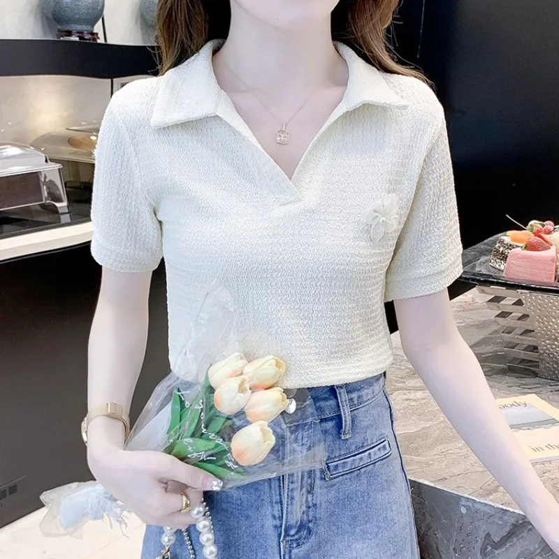 Short Sleeved Women New Turn-down Collar Chic Beautiful T-shirt Polo Shirt Sweet Floral Summer Solid Casual Fashion Crop Tops