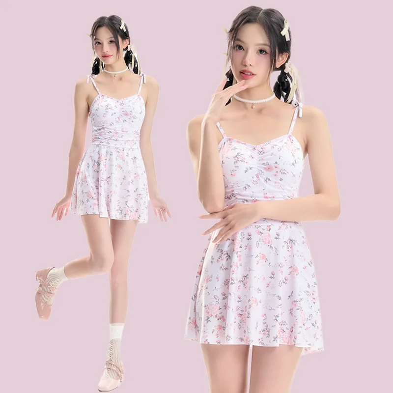 Flower Print Swimming Suit One-Piece Sexy Korean Casual Floral Bow Back Ruffle Dress Conservative Hot Spring Swimsuit