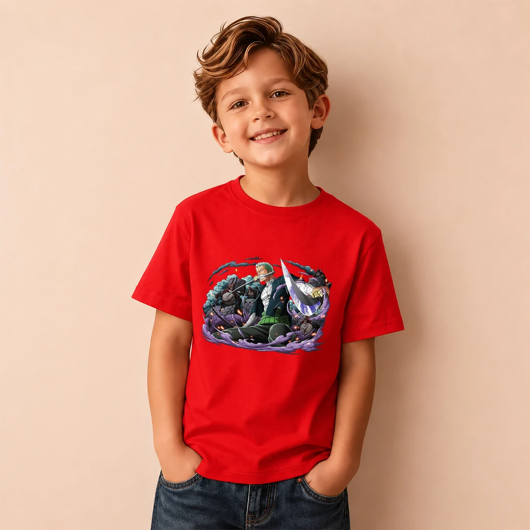 Kids T‑Shirt One Piece Roronoa Zoro Anime Battle Print Short Sleeve Casual Tops Boys Girls Children Daily Wear Tees