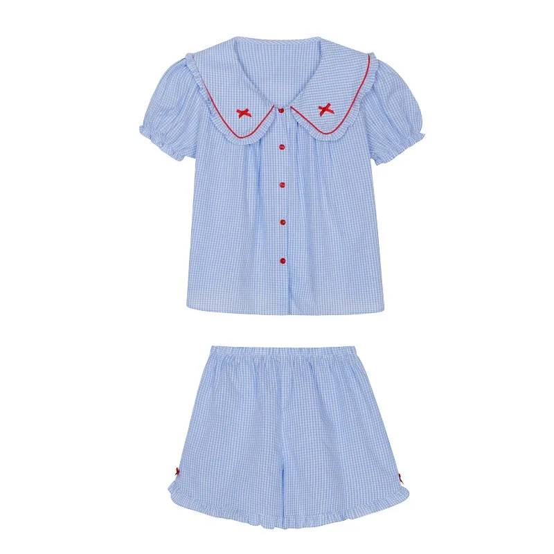 Plaid Women Pajamas Summer Button Sleepwear Shorts Sleeve Piiama Korean Night Wears Sets 2 Pieces Peter Pan Collar Home Suit New